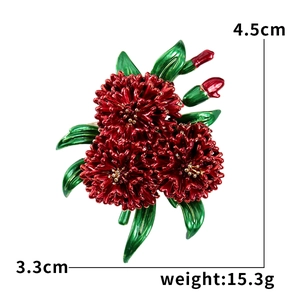 Elegant red hydrangea brooch with green leaves, 4.5cm height, lightweight floral accessory