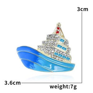 Detailed luxury cruise ship brooch with blue enamel and crystal inlay measuring 3cm by 3.6cm