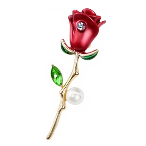 Eleganter roter Rosenanstecker mit goldenem Stiel, grünen Blättern, Kristall und Perle