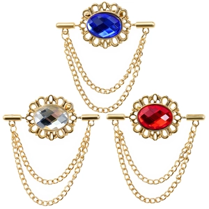 Vintage gold tassel brooch set with blue white and red oval crystals for blazers