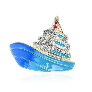 Luxury cruise ship brooch with blue enamel and sparkling rhinestones for suits