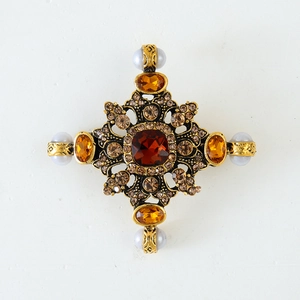 Baroque vintage cross brooch with red gemstone, champagne rhinestones and white pearls