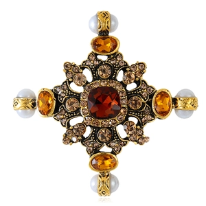 Vintage Baroque cross brooch with amber crystals and pearls on a gold alloy frame