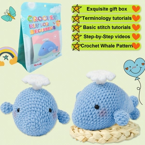 Crochet kit for beginners featuring a cute blue whale plush and DIY materials package