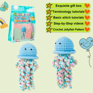DIY crochet kit for beginners featuring colorful cute jellyfish plush keychain accessories
