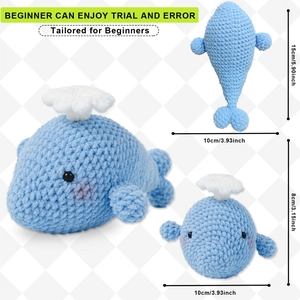 DIY crochet kit for cute blue whale plush toys in multiple sizes with water spray detail