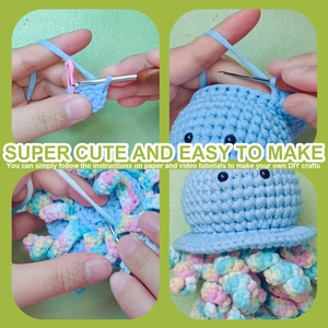 DIY crochet kit for a cute blue jellyfish keychain with colorful yarn and metal hook