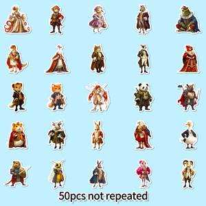 Flat lay of 50 unique anthropomorphic animal stickers in royal attire for DIY decor