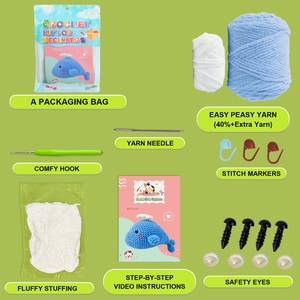 Detail view of the complete beginner crochet kit for adorable whale plushies with materials