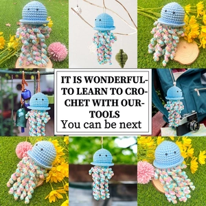 Detailed views of crochet jellyfish keychain in multiple life scenarios with DIY toolkit