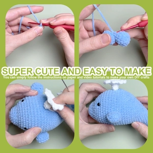 DIY crochet kit for a cute blue plush whale toy with materials and tools included