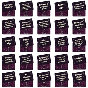 50-pack adult drinking game cards with purple geometric patterns for parties and team building