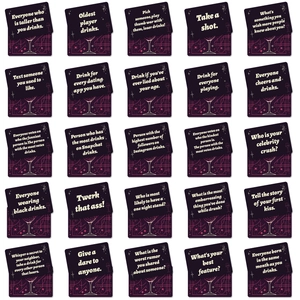 Detailed grid view of 25 purple party drinking game cards with social media challenges