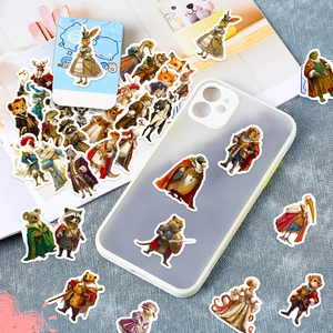 Artistic anthropomorphic animal stickers in vintage court style on a phone case and desk
