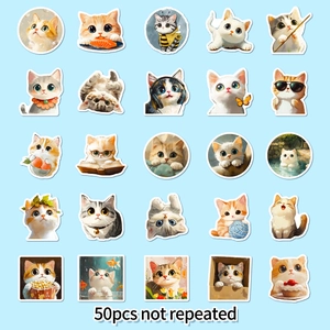 Detailed grid of 50 unique cute cartoon cat stickers with waterproof vinyl finish