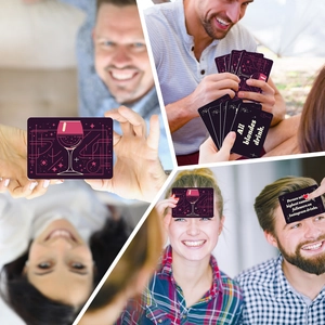 Detail of party game cards featuring social prompts and deep purple decorative designs