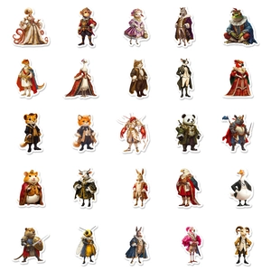 Set of 50 anthropomorphic animal stickers in vintage noble court attire for DIY decor