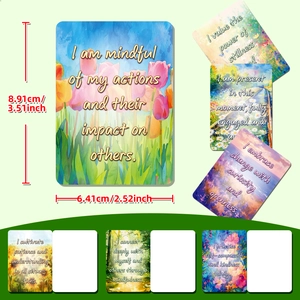 Detailed view of watercolor meditation cards with positive quotes and 8.91x6.41 cm dimensions