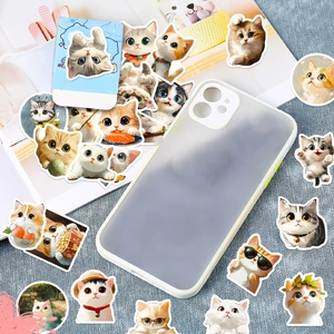 Detail of waterproof cartoon cat stickers on a matte phone case with vibrant feline designs