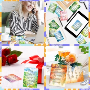 Collage of watercolor affirmation cards showing office, gift, and home decor usage
