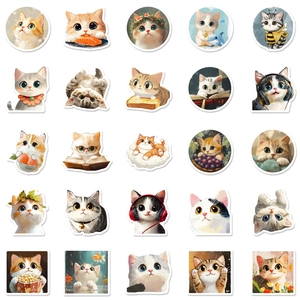 Collection of 25 cute cartoon cat stickers with waterproof oil painting style doodles