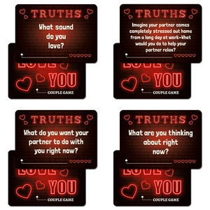 Neon heart love you couple game cards set with 50 truth or dare interaction prompts