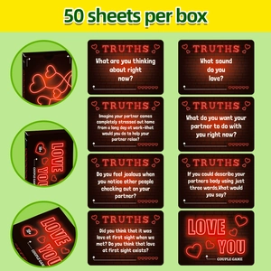 Detailed view of 50 neon-style LOVE YOU couple game cards with truth or dare prompts