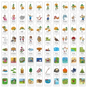 Detailansicht von 80 pädagogischen Englisch-Lernkarten mit bunten Cartoon-Illustrationen