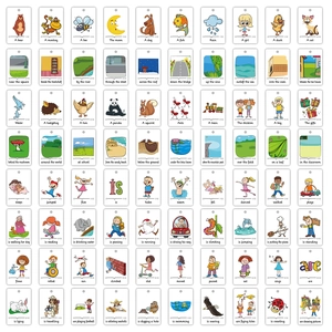 Rasteransicht von 80 englischen Lernkarten mit Cartoon-Illustrationen für Kinder