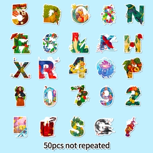 Detailed view of 50 waterproof PVC graffiti stickers with creative letters and numbers