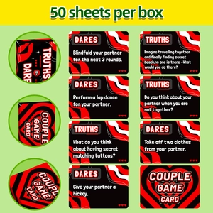 Detailed view of 50 Truth or Dare couple game cards featuring romantic interactive prompts