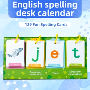 English spelling desk calendar for kids with 129 cards showing the word jet and plane icon