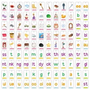 Detailed grid view of 129 watercolor phonics flashcards for kids early learning