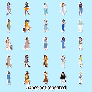 Détail de 50 autocollants de mode imperméables pour filles aux styles dessinés à la main