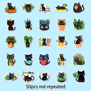 Set of 50 unique black cat cartoon stickers for DIY decoration and waterproof crafts