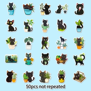 Detailed grid view of 50 unique black cat and green plant waterproof PVC stickers