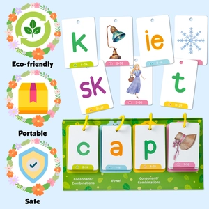 Educational phonics flip card set with green stand showing consonant and vowel patterns