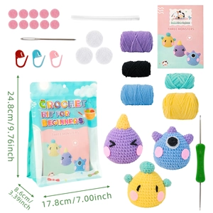 DIY crochet kit for beginners featuring three cute monsters with yarn and tools