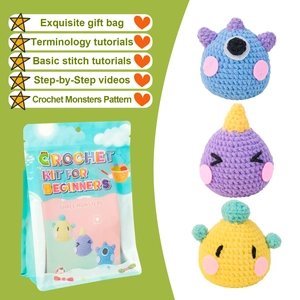 Crochet kit for beginners featuring three cute monster dolls with yarn and video tutorials