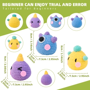 Three cute crochet monster dolls in yellow purple and blue with size measurements