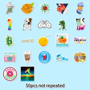 Detail showing 50 unique waterproof orange stickers for phone cases and skateboards