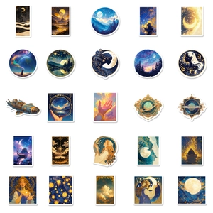 Set of 50 creative black starry sky theme waterproof PP stickers with galaxy designs