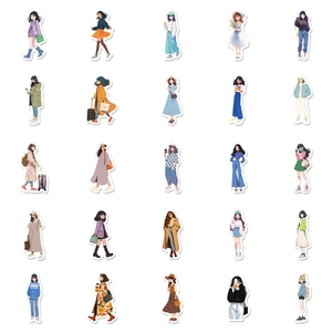 Set de 50 autocollants imperméables de mode féminine dessinés à la main en grille nette