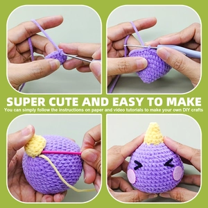 Step-by-step DIY crochet kit guide for making a cute purple plush monster toy keychain