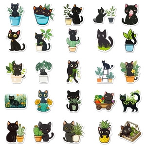 50 pieces of cute black cat and green plant graffiti stickers for DIY phone case and decor