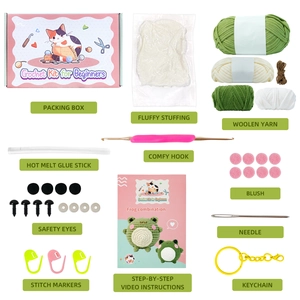 DIY crochet kit for beginners featuring two cute blush frog plushies and full tools