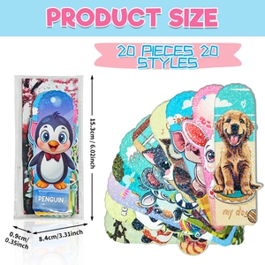 20-piece cute laser animal bookmark set featuring penguin and panda designs with size details