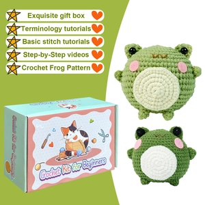 DIY crochet kit for beginners featuring two cute green frogs with blush in a gift box