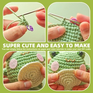 DIY crochet kit showing 3.0mm hook, accessories, and cute finished green frog plush toy