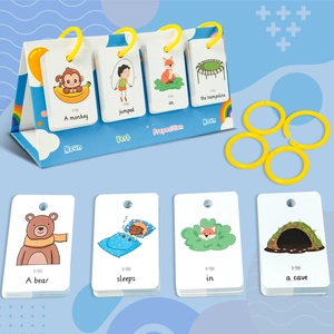 English sentence building flashcards with blue foldable stand and colorful illustrations